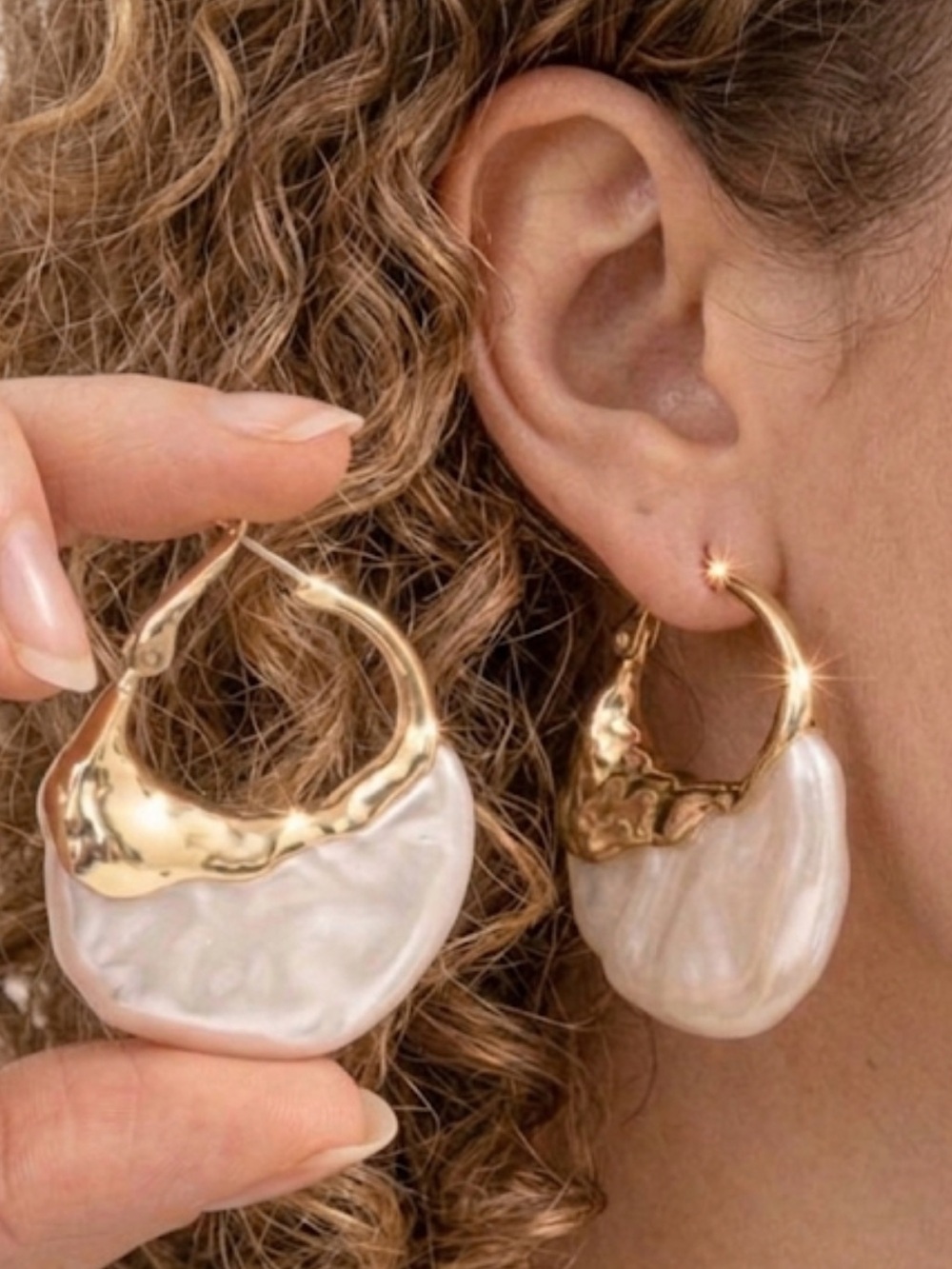 Gold Plated Pearl Baroque Hoop Earrings Statement Chunky Hoops Unique
c4